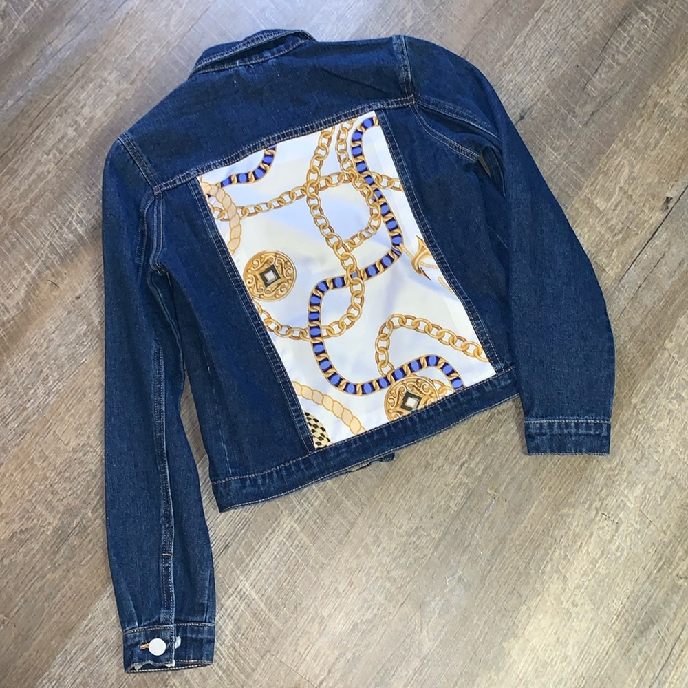 Classic Blue Denim Jean Jacket with Gold Stitching